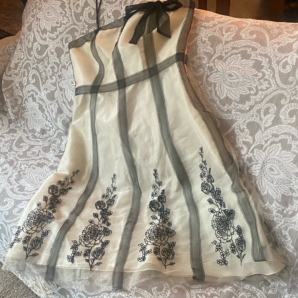Julian Taylor Strapless Ivory Dress with Black Trim & Floral Embroidery